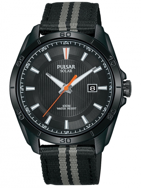 Pulsar Solar-Herrenuhr Sport poliertes Edelstahlgehäuse Titankarbidauflage