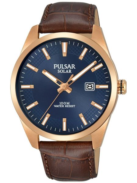 Pulsar Herren Analog Solar Uhr mit Leder Armband  Mineralglas PX3186X1