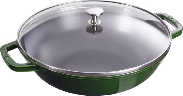 Staub Specialities Wok mit Glassdeckel, 30 cm rund Gusseisen Basilikum-Grün