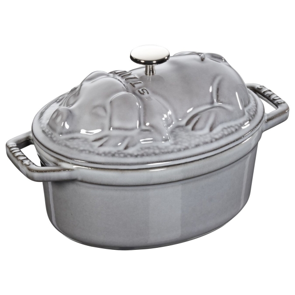 Staub Kochgeschirr Cocotte Bräter Kochtopf Bratentopf Schwein 17 grau oval Schwarz 17 cm