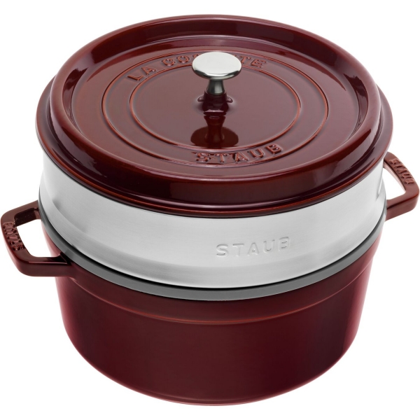 Staub Kochgeschirr Cocotte Bräter Kochtopf Bratentopf mit Dämpfeinsatz rund Grenadine 26 cm