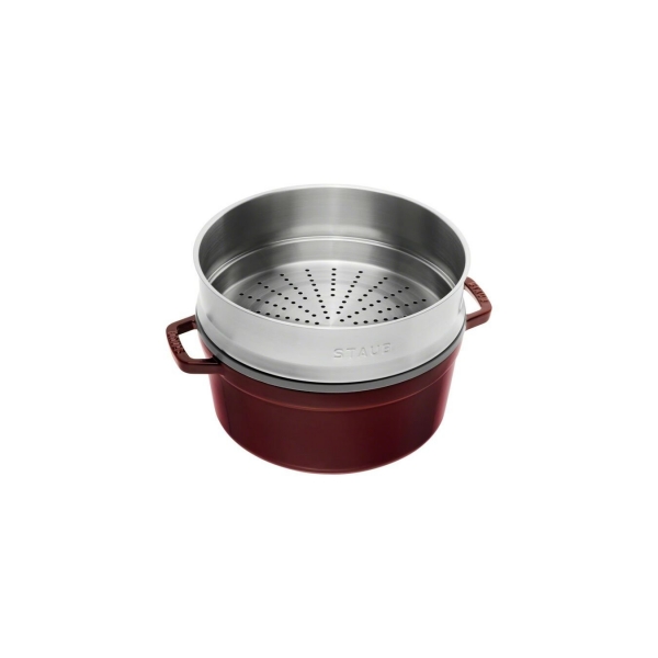 Staub Kochgeschirr Cocotte Bräter Kochtopf Bratentopf mit Dämpfeinsatz rund Grenadine 26 cm