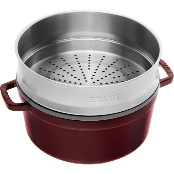 Staub Kochgeschirr Cocotte Bräter Kochtopf Bratentopf mit Dämpfeinsatz rund Grenadine 26 cm