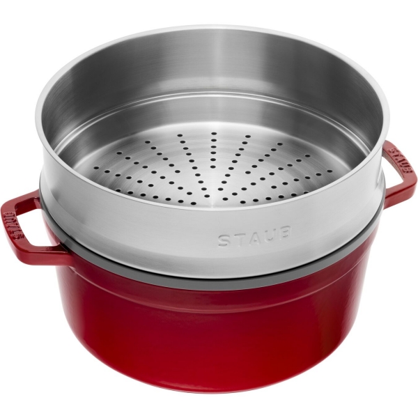 Staub Cocotte Bräter Kochtopf rund mit Dämpfeinsatz Kirsche 26 cm 4,6 l