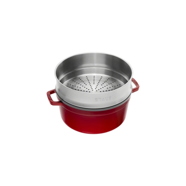 Staub Cocotte Bräter Kochtopf rund mit Dämpfeinsatz Kirsche 26 cm 4,6 l