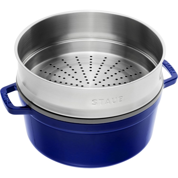 Staub Cocotte Bräter Kochtopf rund mit Dämpfeinsatz Dunkelblau 26 cm 4,6 l