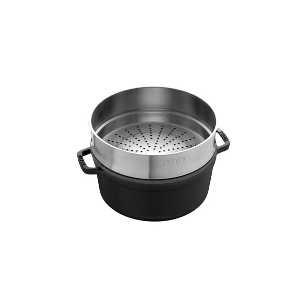 Staub Cocotte Bräter Kochtopf rund mit Dämpfeinsatz Schwarz 26 cm 4,6 l