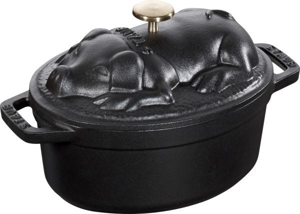 Staub Kochgeschirr Gusseisen Cocotte Bräter Kochtopf Bratentopf Schwein 17 schwarz Sonderform Graphitgrau 17 cm