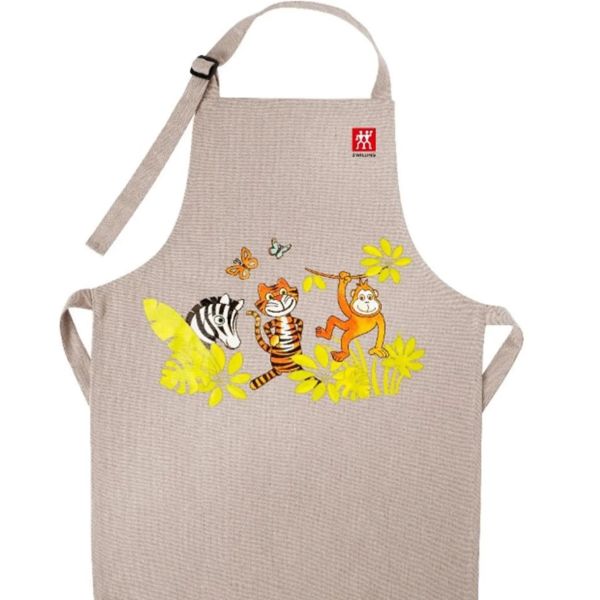 ZWILLING Textiles Kinderschürze aus Baumwolle 60 cm x 45 cm, Beige farbenfrohem Tier Motiv