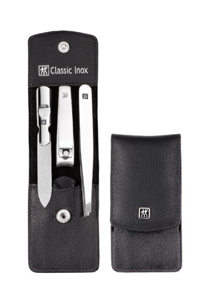 Zwilling CLASSIC INOX Maniküreset Manicure Etui Nagelpflege Taschen-Etui, Rindleder, schwarz, 3-tlg.