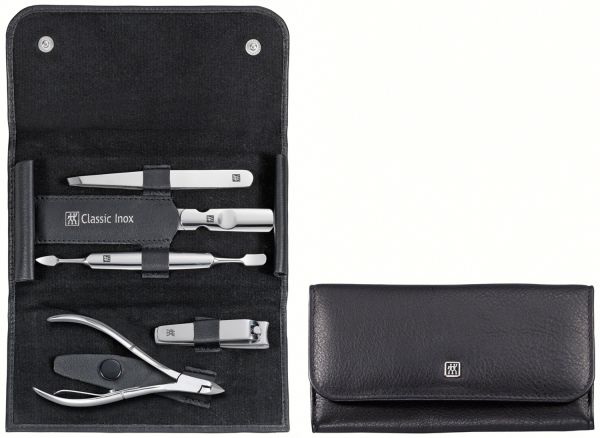 Zwilling CLASSIC INOX Maniküreset Druckknopf-Etui, Rindleder, schwarz, 5-tlg.