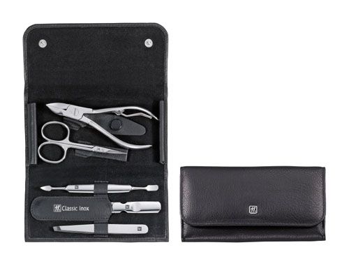 Zwilling CLASSIC INOX Maniküreset Manicure Etui Nagelpflege Druckknopf-Etui, Rindleder, schwarz, 5-tlg.