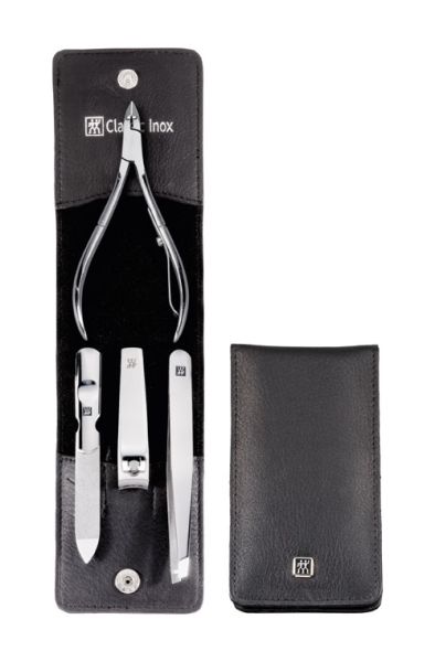Zwilling CLASSIC INOX Maniküreset Manicure Etui Nagelpflege Taschen-Etui, Rindleder, schwarz, 4-tlg.