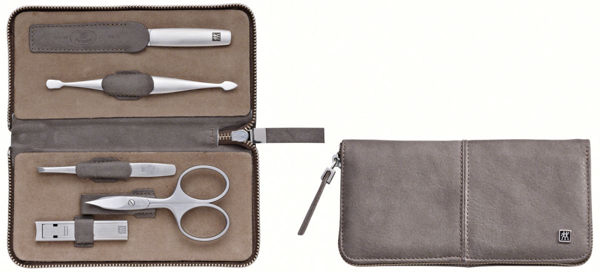 Zwilling TWINOX Manicure Rindleder, Nagelpflege taupe, Reißverschluss-Etui, Taupe Etui