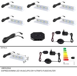 ESPREE/DONINA/ANEA LED VA-6xCLIPS-CW+1xTRAFO-FUßSCHALTER