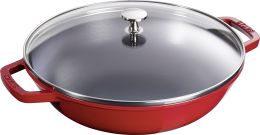 Staub Specialities Wok mit Glassdeckel, 30 cm rund Gusseisen Kirsch-Rot